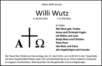 Traueranzeige von Willi Wutz von vrm-trauer