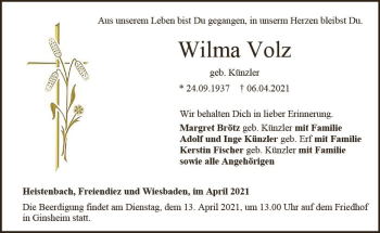 Traueranzeige von Wilma Volz von vrm-trauer