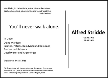 Traueranzeige von Alfred Stridde von vrm-trauer