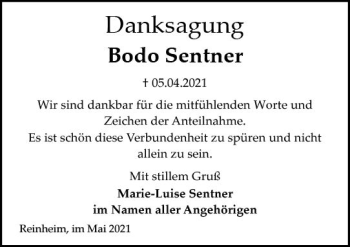 Traueranzeige von Bodo Sentner von vrm-trauer