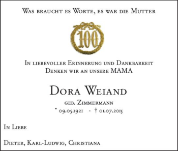 Traueranzeige von Dora Weiand von vrm-trauer