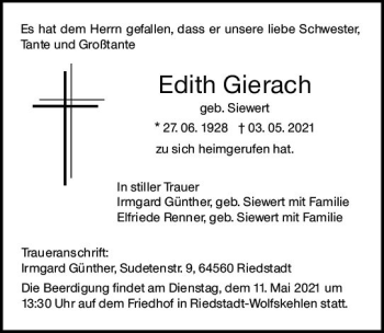 Traueranzeige von Edith Gierach von vrm-trauer