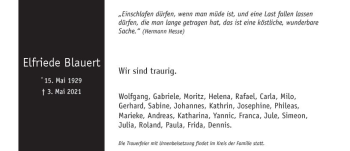 Traueranzeige von Elfriede Blauert von vrm-trauer
