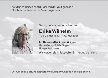 Traueranzeige von Erika Wilhelm von vrm-trauer