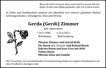 Traueranzeige von Gerda Zimmer von vrm-trauer