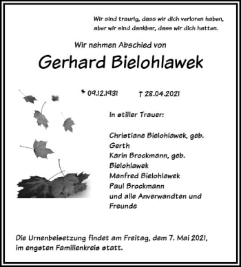 Traueranzeige von Gerhard Bielohlawek von vrm-trauer