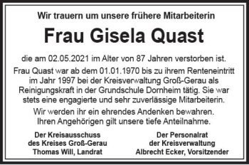 Traueranzeige von Gisela Quast von vrm-trauer