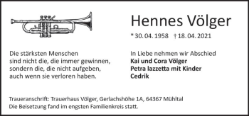 Traueranzeige von Hennes Völger von vrm-trauer