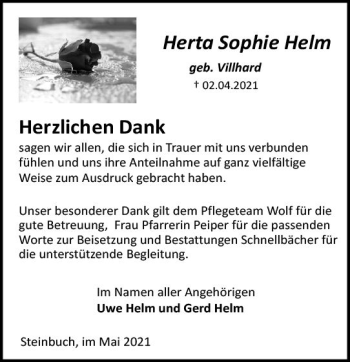 Traueranzeige von Herta Sophie Helm von vrm-trauer
