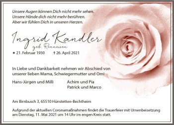 Traueranzeige von Ingrid Kandler von vrm-trauer