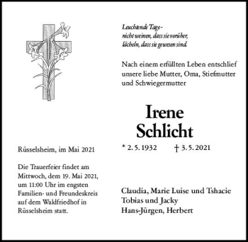Traueranzeige von Irene Schlicht von vrm-trauer
