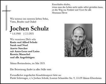 Traueranzeige von Jochen Schulz von vrm-trauer