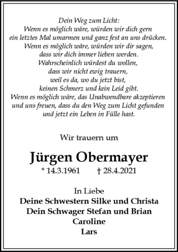 Traueranzeige von Jürgen Obermayer von vrm-trauer