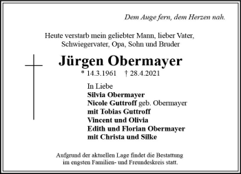 Traueranzeige von Jürgen Obermayer von vrm-trauer