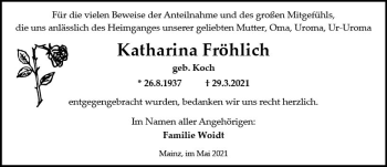 Traueranzeige von Katharina Fröhlich von vrm-trauer