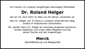 Traueranzeige von Roland Helger von vrm-trauer