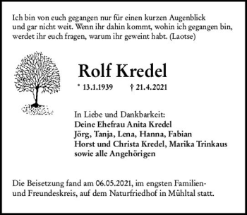Traueranzeige von Rolf kredel von vrm-trauer