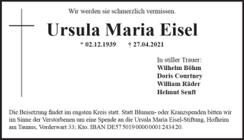 Traueranzeige von Ursula Maria Eisel von vrm-trauer