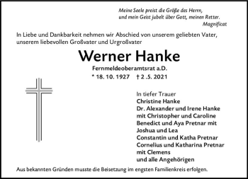 Traueranzeige von Werner Hanke von vrm-trauer