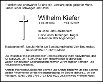 Traueranzeige von Wilhelm Kiefer von vrm-trauer