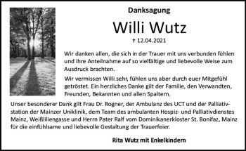 Traueranzeige von Willi Wutz von vrm-trauer