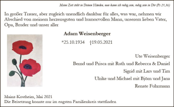 Traueranzeige von Adam Weisenberger von vrm-trauer