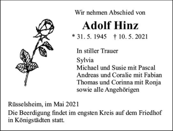 Traueranzeige von Adolf Hinz von vrm-trauer