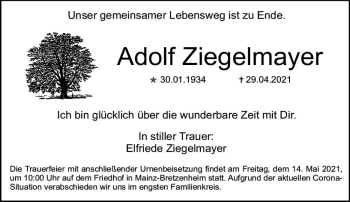 Traueranzeige von Adolf Ziegelmayer von vrm-trauer