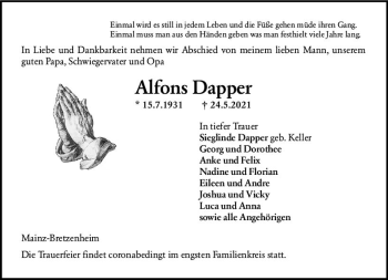 Traueranzeige von Alfons Dapper von vrm-trauer