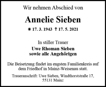 Traueranzeige von Annelie Sieben von vrm-trauer