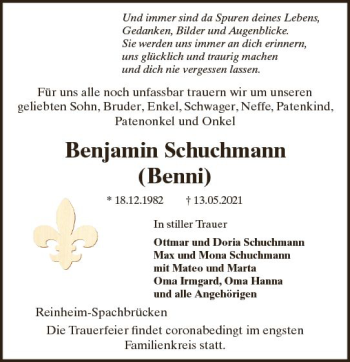 Traueranzeige von Benjamin Schuchmann von vrm-trauer