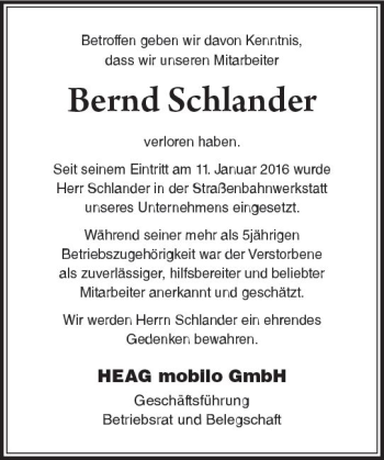 Traueranzeige von Bernd Schlander von vrm-trauer