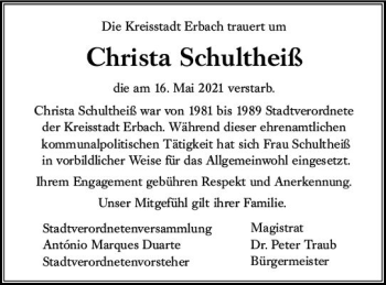 Traueranzeige von Christa Schultheiß von vrm-trauer