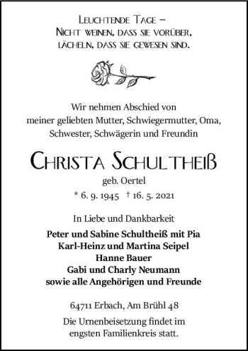 Traueranzeige von Christa Schultheiß von vrm-trauer