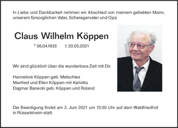 Traueranzeige von Claus Wilhelm Köppen von vrm-trauer