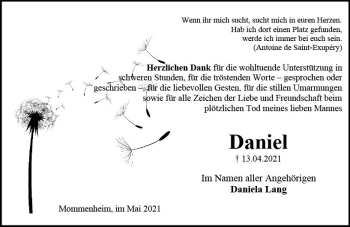 Traueranzeige von Daniel Lang von vrm-trauer