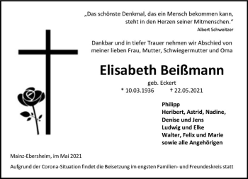 Traueranzeige von Elisabeth Beißmann von vrm-trauer