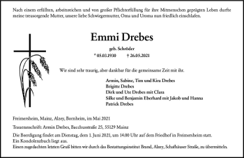 Traueranzeige von Emmi Drebes von vrm-trauer