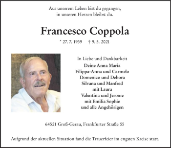 Traueranzeige von Francesco Coppola von vrm-trauer