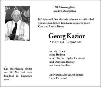 Traueranzeige von Georg Kazior von vrm-trauer