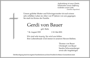Traueranzeige von Gerdi von Bauer von vrm-trauer