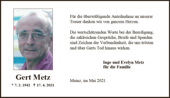 Traueranzeige von Gert Metz von vrm-trauer