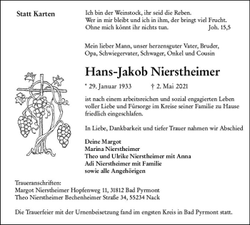Traueranzeige von Hans-Jakob Nierstheimer von vrm-trauer