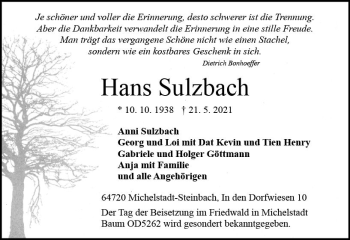 Traueranzeige von Hans Sulzbach von vrm-trauer