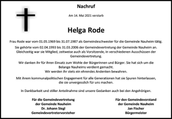 Traueranzeige von Helga Rode von vrm-trauer