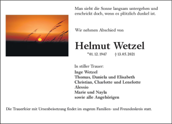 Traueranzeige von Helmut Wetzel von vrm-trauer