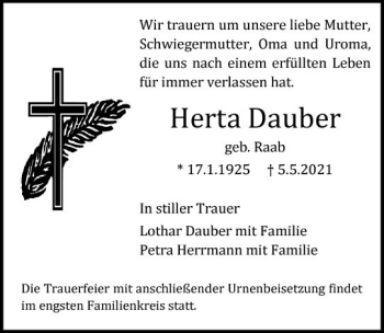 Traueranzeige von Herta Dauber von vrm-trauer