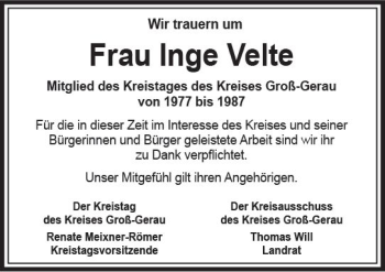 Traueranzeige von Inge Velte von vrm-trauer