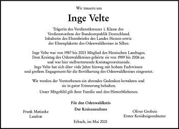Traueranzeige von Inge Velte von vrm-trauer