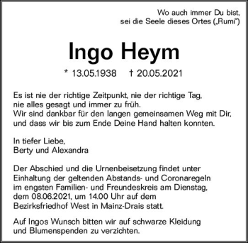 Traueranzeige von Ingo Heym von vrm-trauer
